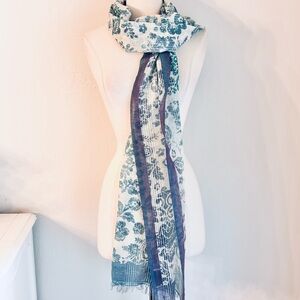 Coccinelle Block Print Silk Linen Blend Fringe Trim Scarf White Blue Green